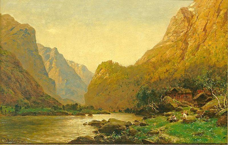 Carl jun. Oesterley Romantische Flusslandschaft mit Personenstaffage an einem prachtvollen Sommertag oil painting picture